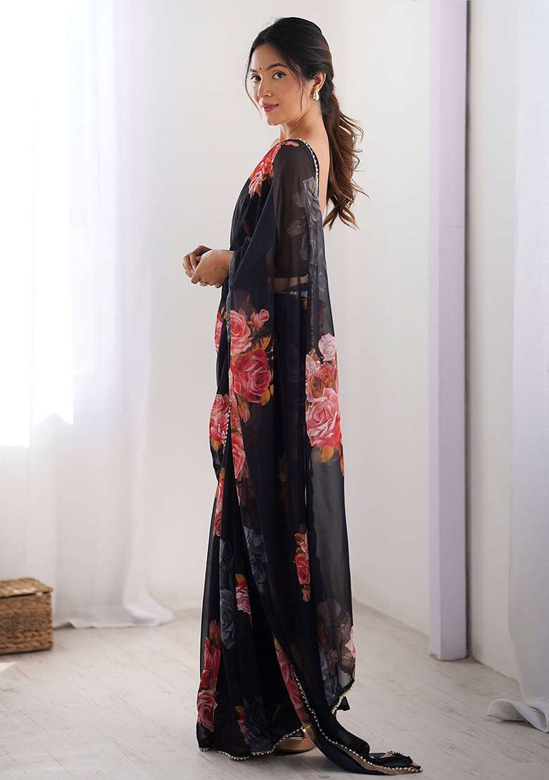 Black Embroidery Silk Blend Saree Set for Diwali and Festive Wear - Indya