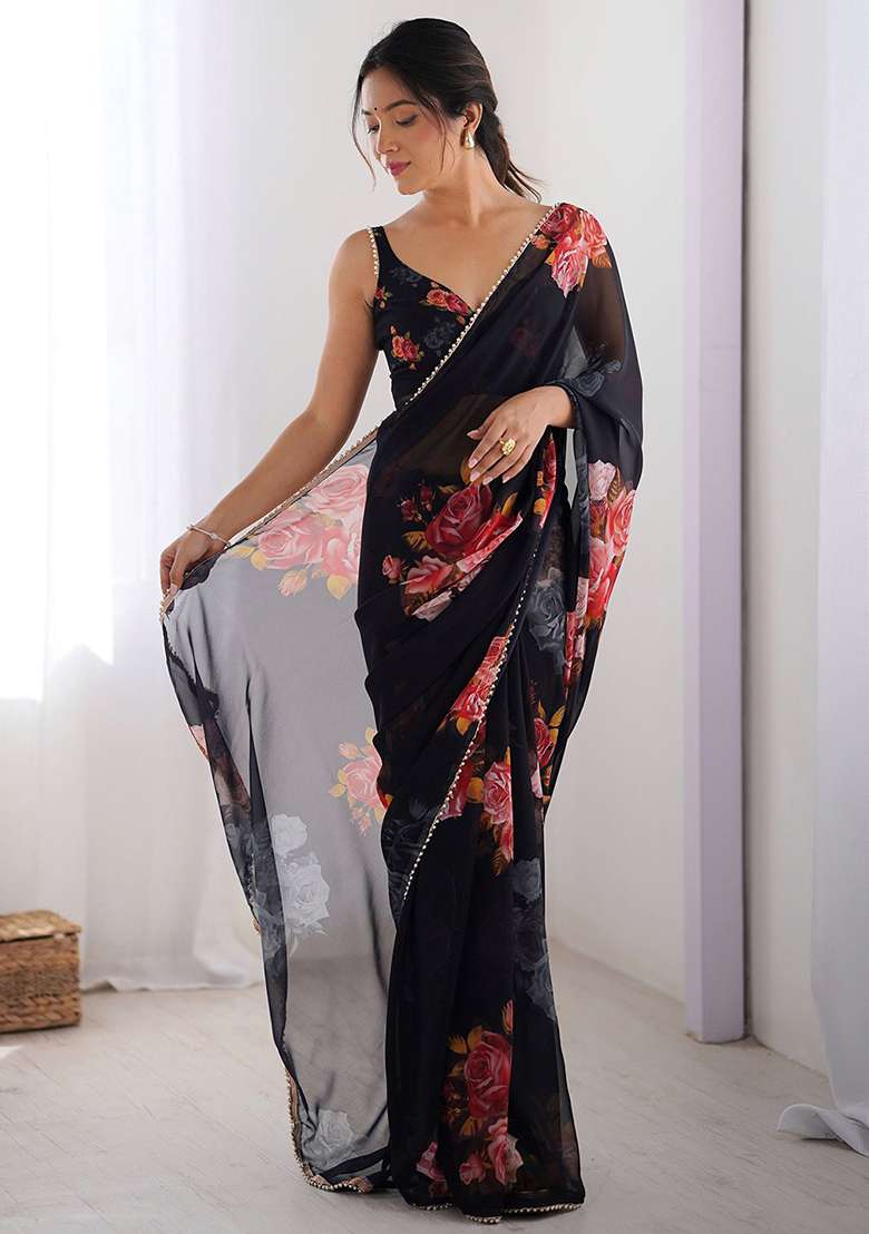Black Embroidery Silk Blend Saree Set for Diwali and Festive Wear - Indya