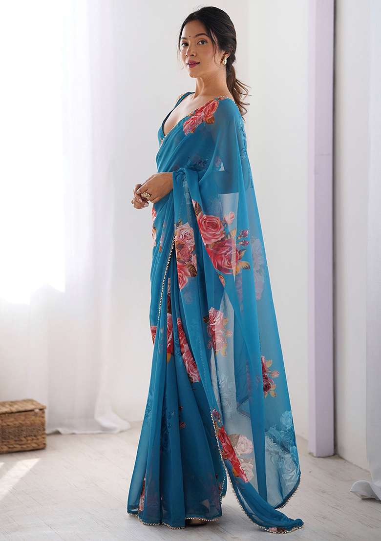 Blue Embroidery Silk Blend Saree Set for Diwali and Festive Wear - Indya