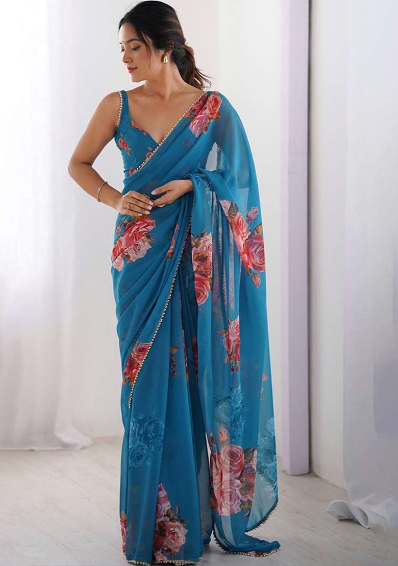 Blue Embroidery Silk Blend Saree Set for Diwali and Festive Wear - Indya