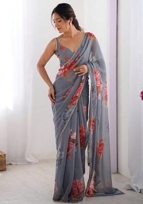 Grey Embroidery Silk Saree Set