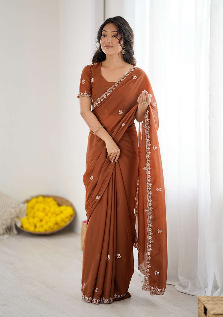Brown Embroidery Silk Blend Saree Set for Diwali and Festive Wear - Indya
