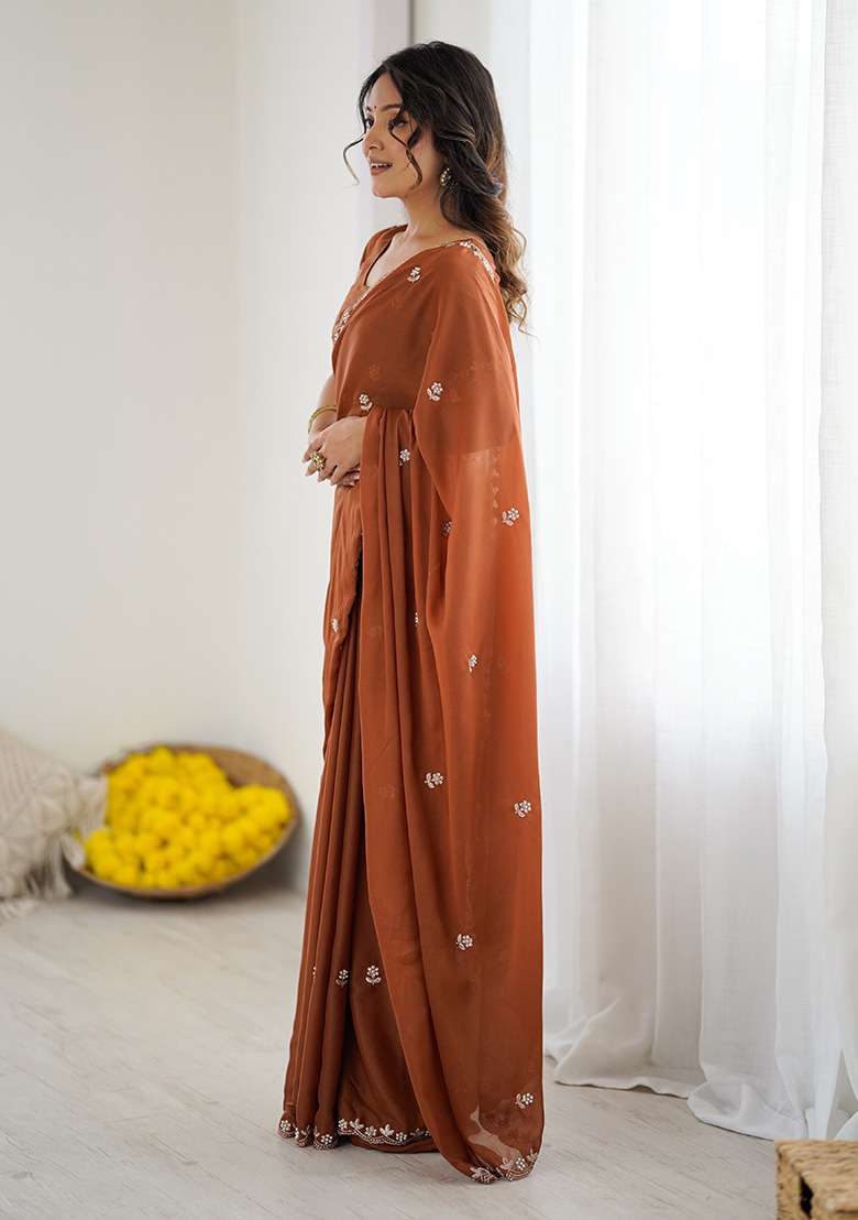 Brown Embroidery Silk Blend Saree Set for Diwali and Festive Wear - Indya