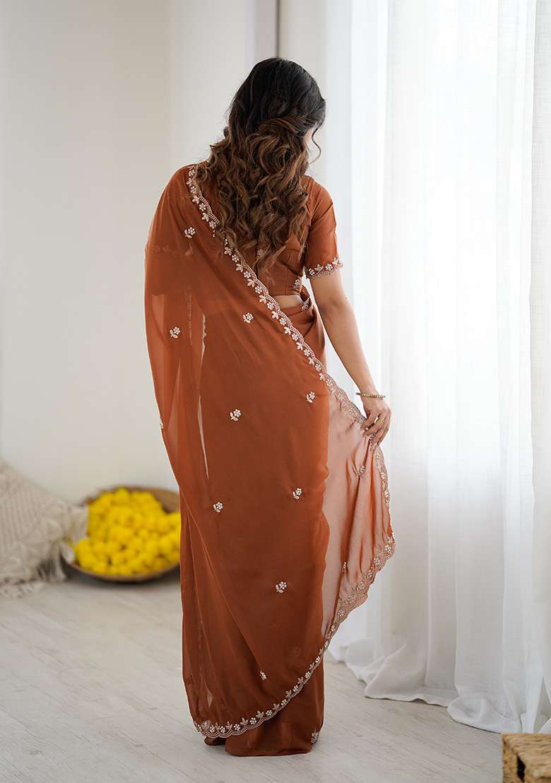 Brown Embroidery Silk Blend Saree Set for Diwali and Festive Wear - Indya