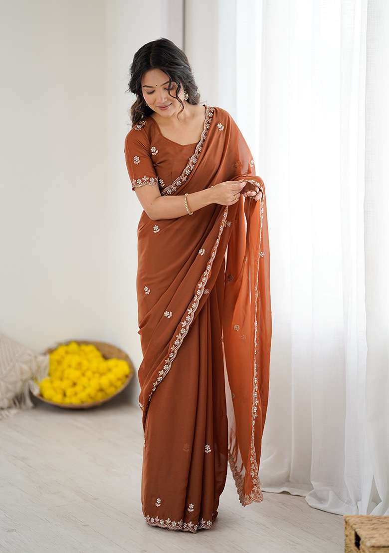 Brown Embroidery Silk Blend Saree Set for Diwali and Festive Wear - Indya