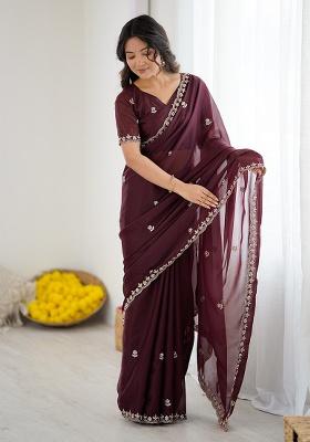 Burgundy Embroidery Silk Blend Saree Set