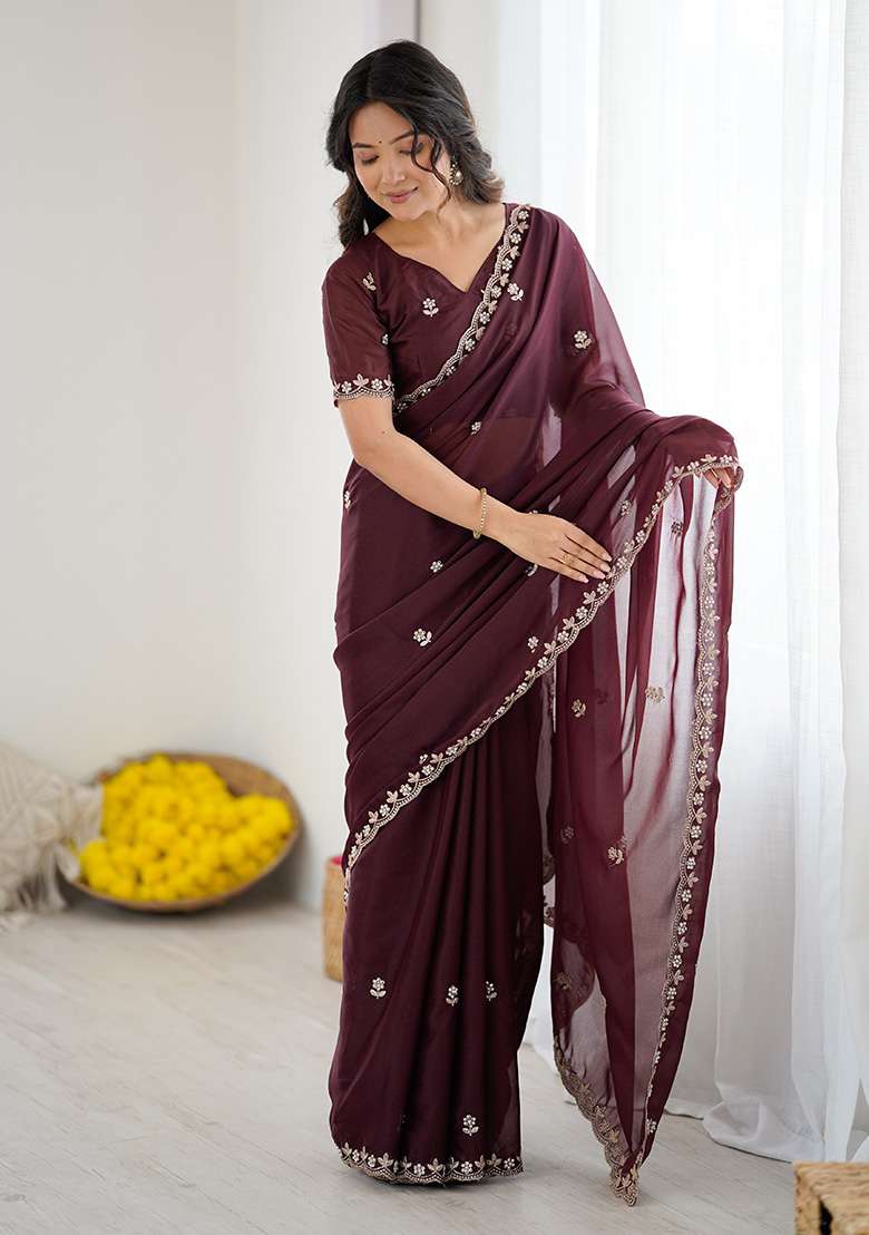 Burgundy Silk Blend Saree Set with Embroidery for Diwali | Wedding & Festive Wear - Indya