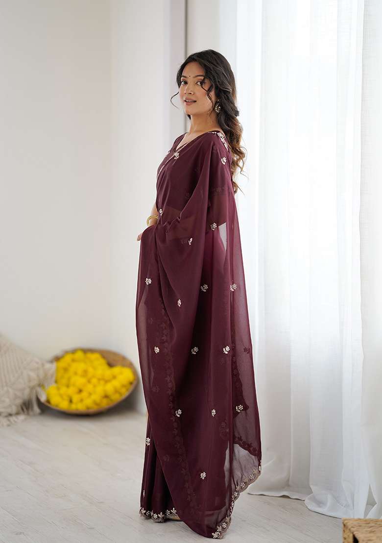 Burgundy Silk Blend Saree Set with Embroidery for Diwali | Wedding & Festive Wear - Indya