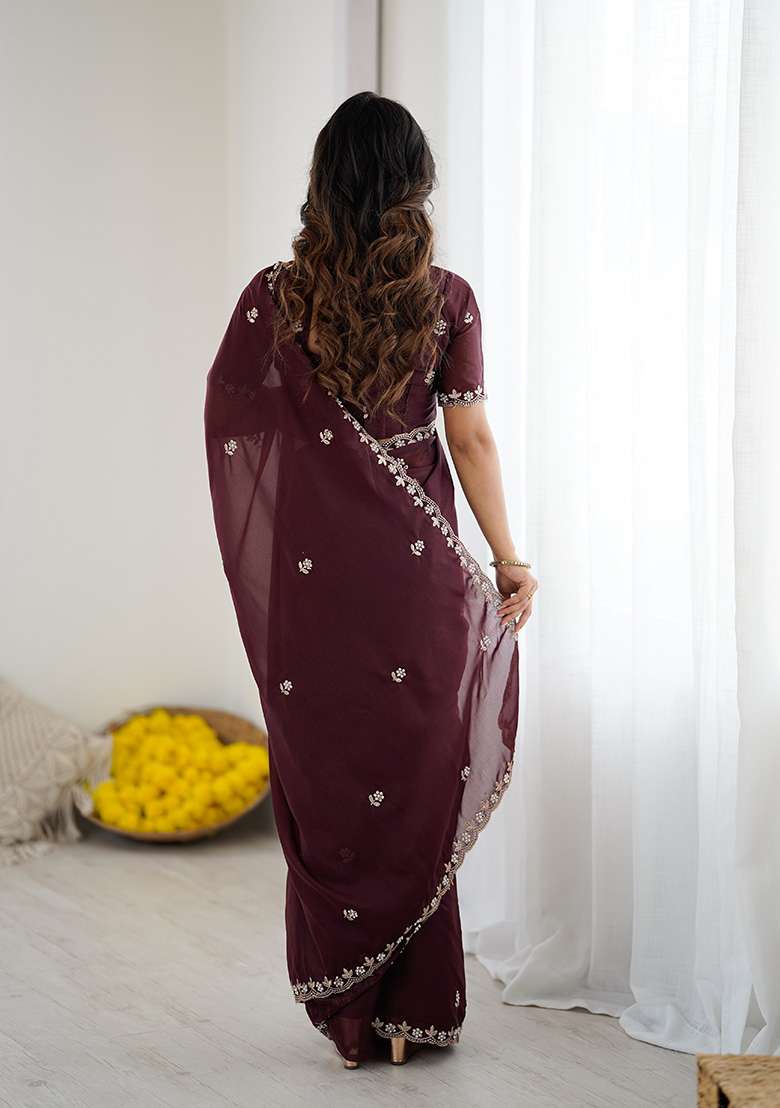 Burgundy Silk Blend Saree Set with Embroidery for Diwali | Wedding & Festive Wear - Indya
