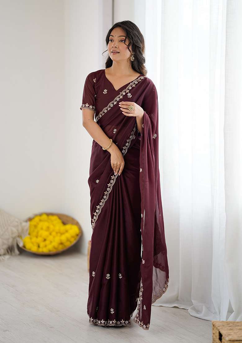 Burgundy Silk Blend Saree Set with Embroidery for Diwali | Wedding & Festive Wear - Indya