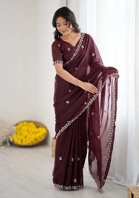 Burgundy Embroidery Silk Saree Set
