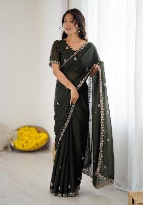 Mehendi Embroidery Silk Saree Set