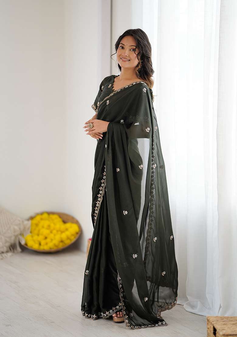 Mehendi Embroidery Silk Blend Saree Set for Diwali and Festive Wear - Indya