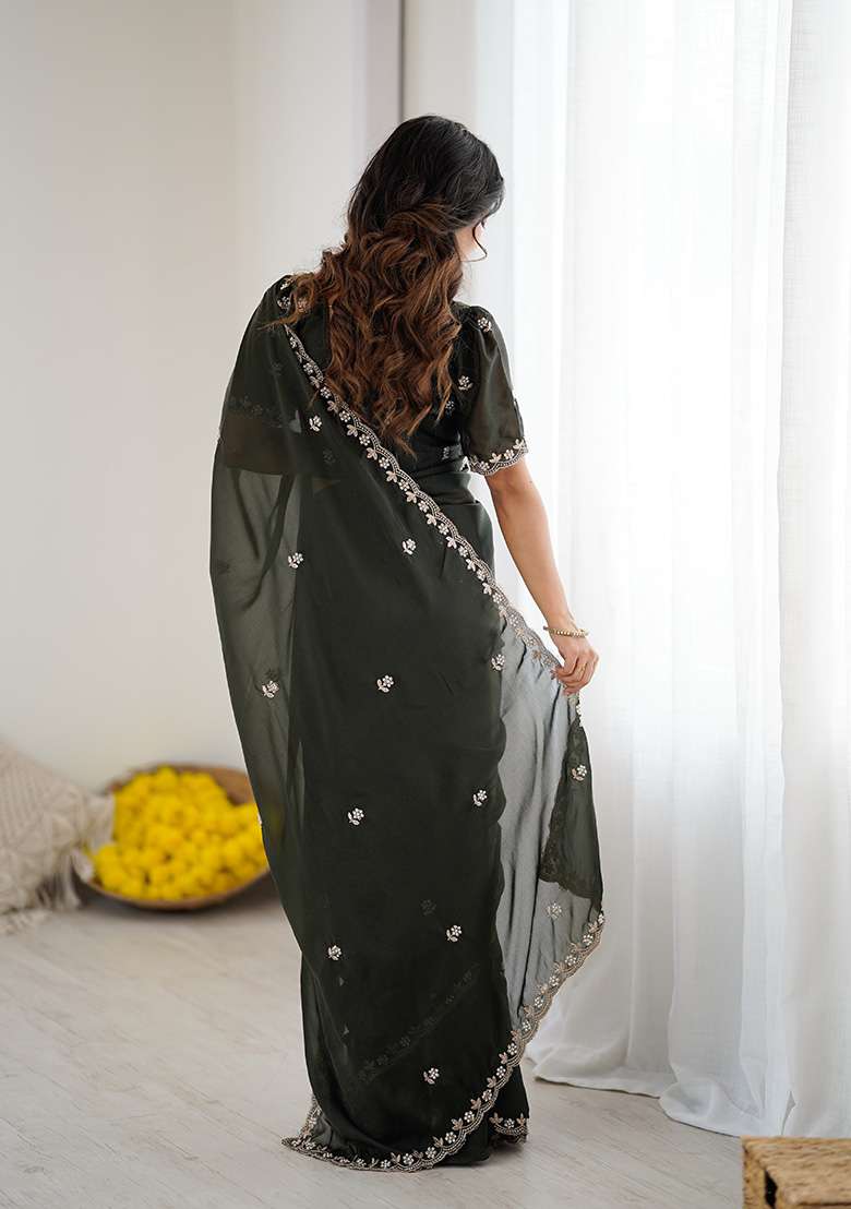 Mehendi Embroidery Silk Blend Saree Set for Diwali and Festive Wear - Indya