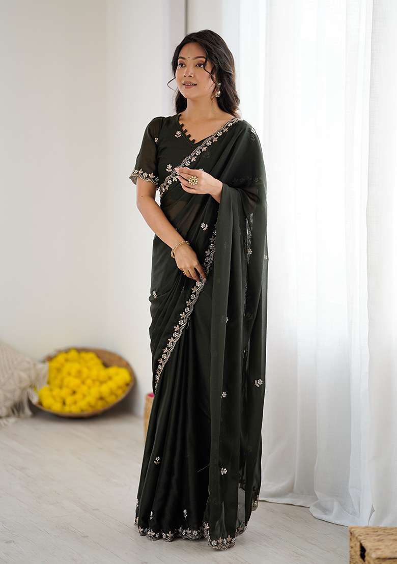 Mehendi Embroidery Silk Blend Saree Set for Diwali and Festive Wear - Indya