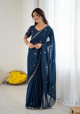 Morpeach Embroidery Silk Saree Set