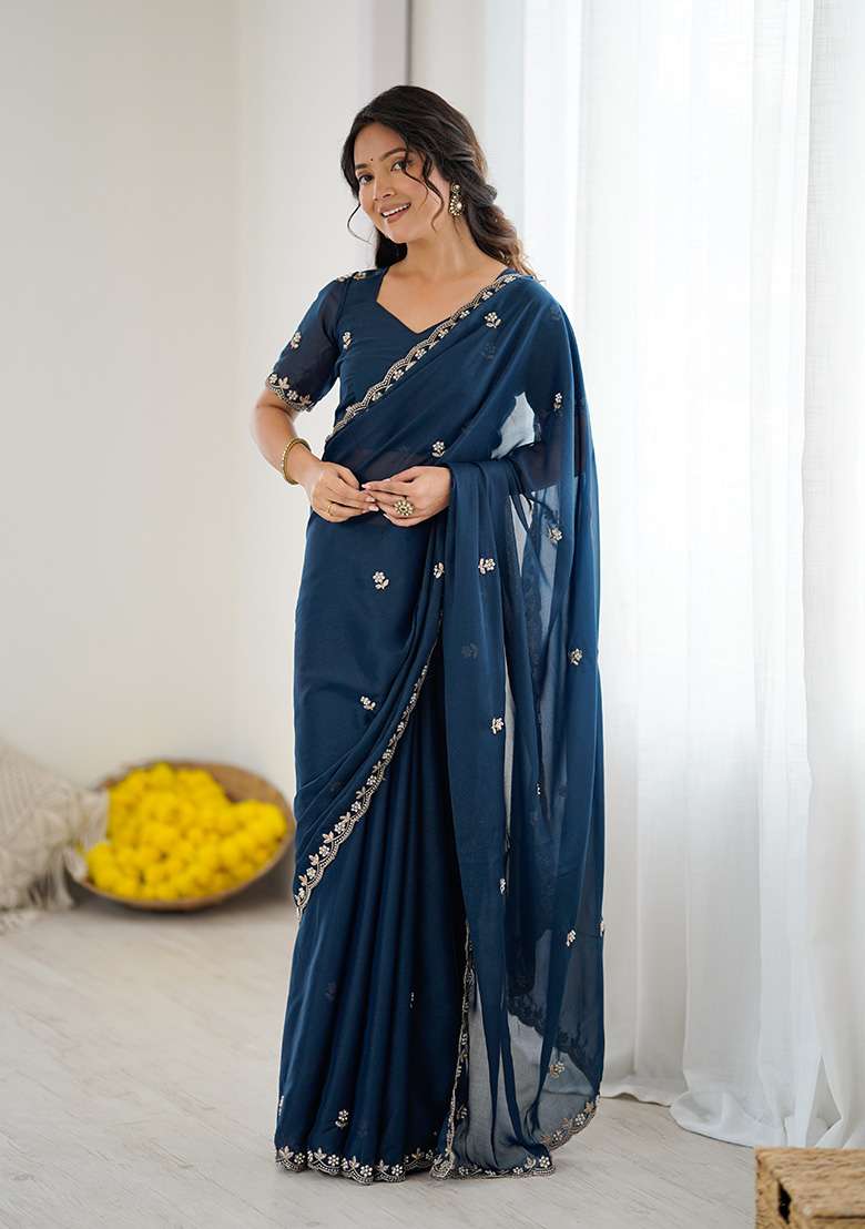 Morpeach Embroidery Silk Blend Saree Set for Diwali and Festive Wear - Indya