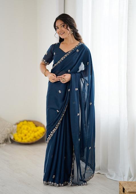 Morpeach Embroidery Silk Saree Set