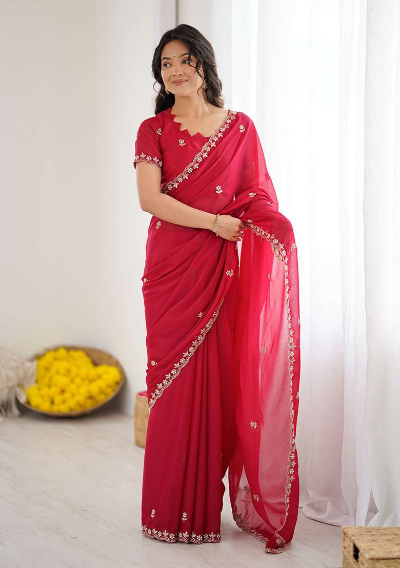 Pink Silk Blend Saree Set with Embroidery for Diwali | Wedding & Festive Wear - Indya