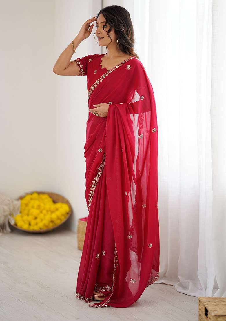 Pink Silk Blend Saree Set with Embroidery for Diwali | Wedding & Festive Wear - Indya