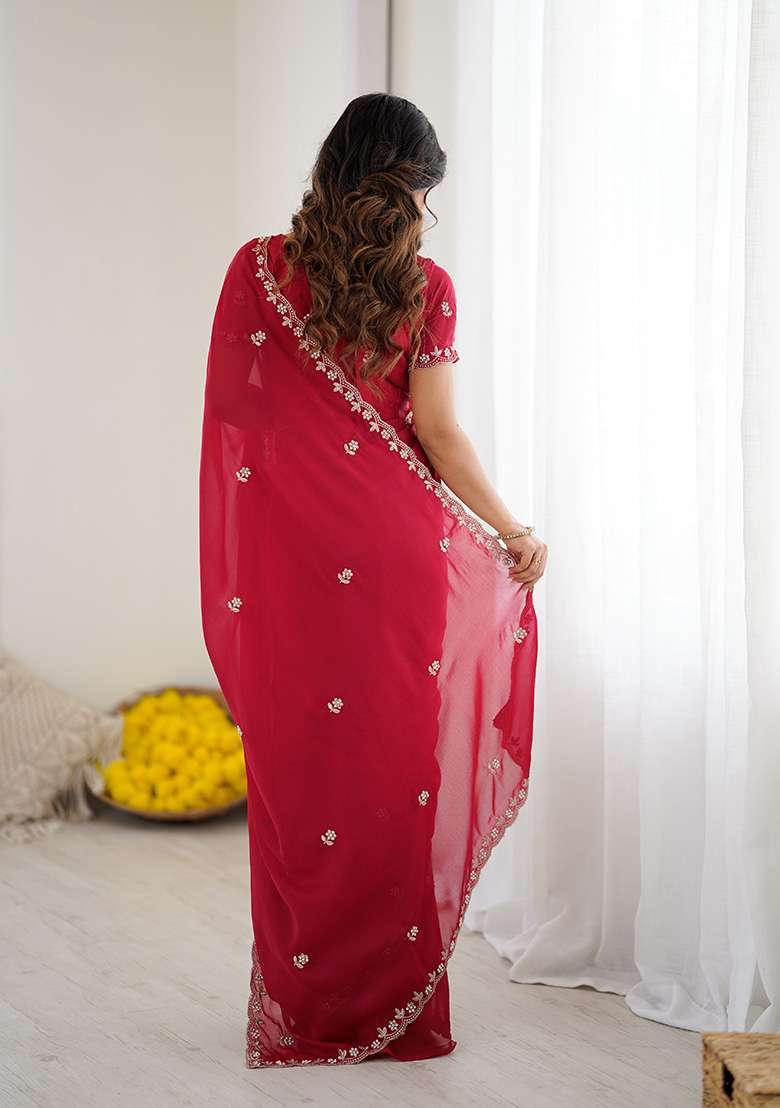 Pink Silk Blend Saree Set with Embroidery for Diwali | Wedding & Festive Wear - Indya
