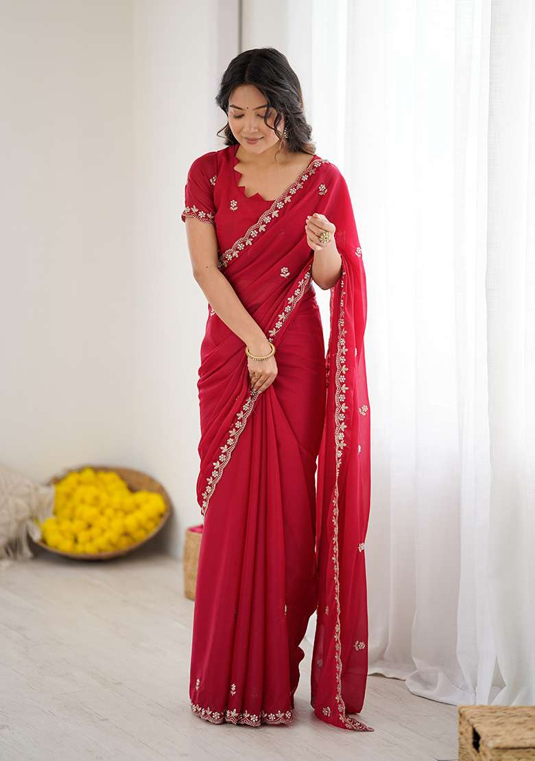 Pink Silk Blend Saree Set with Embroidery for Diwali | Wedding & Festive Wear - Indya