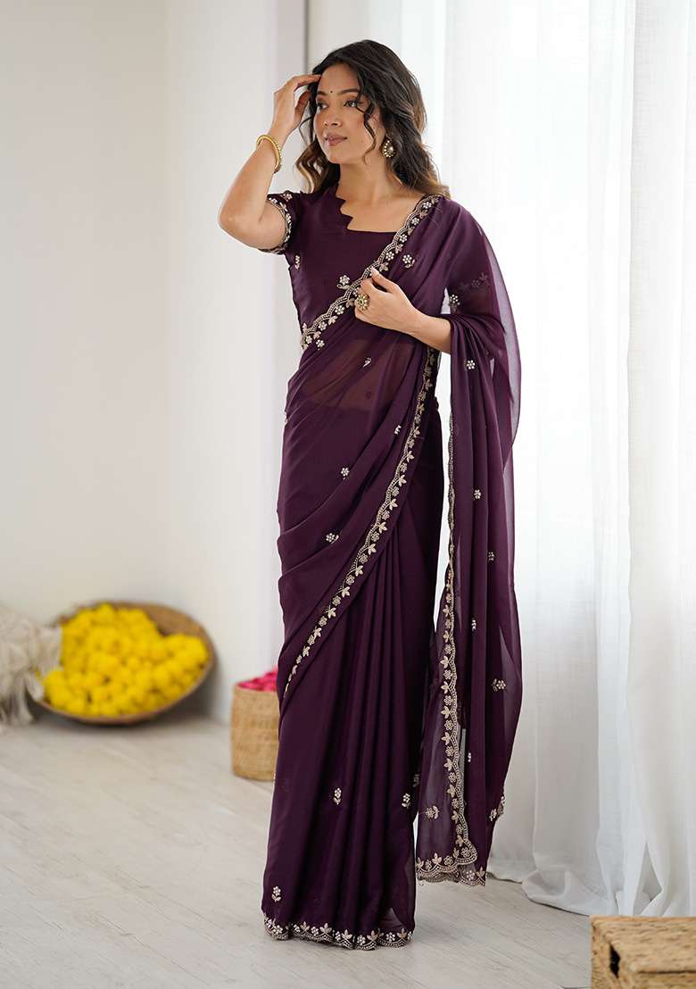 Wine Embroidery Silk Blend Saree Set for Diwali and Festive Wear - Indya
