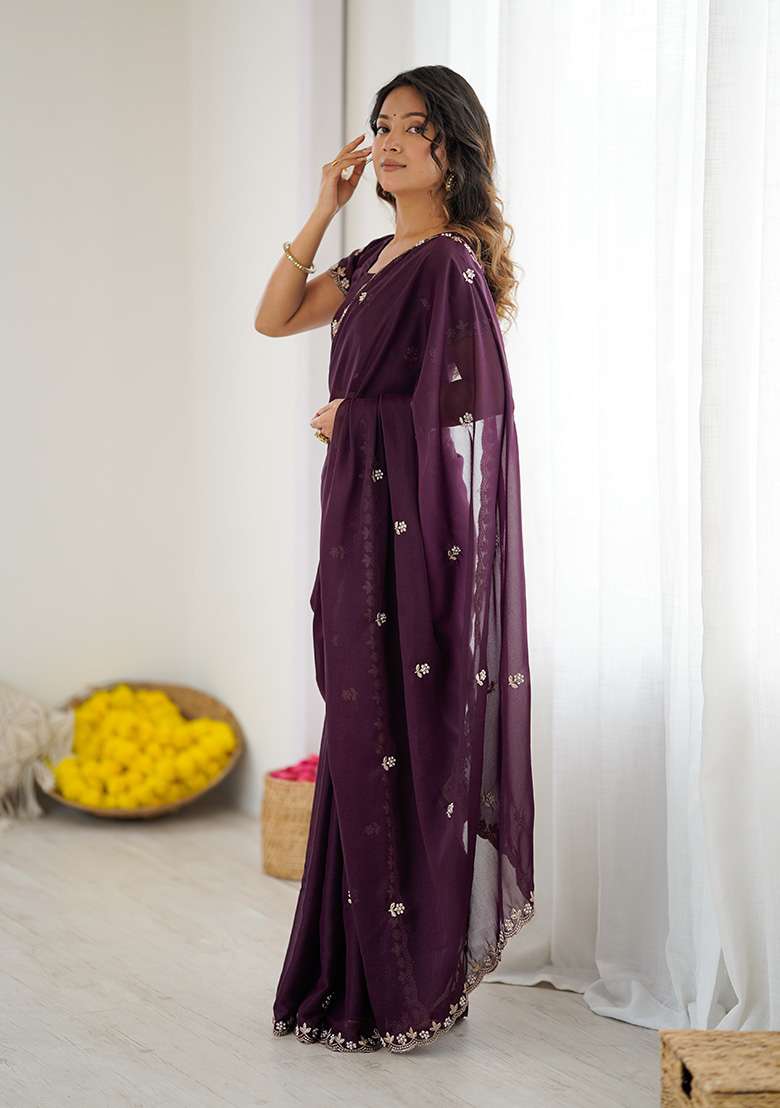 Wine Embroidery Silk Blend Saree Set for Diwali and Festive Wear - Indya