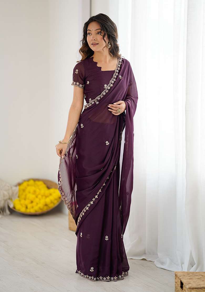 Wine Embroidery Silk Blend Saree Set for Diwali and Festive Wear - Indya