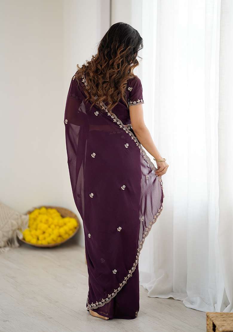 Wine Embroidery Silk Blend Saree Set for Diwali and Festive Wear - Indya