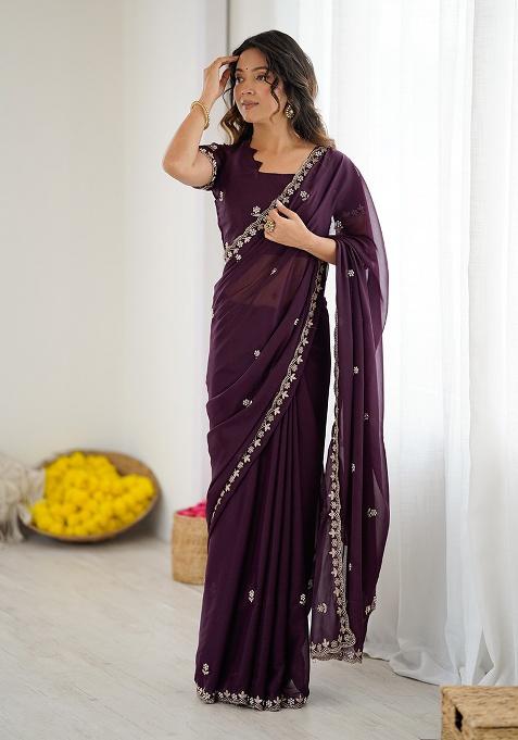 Wine Embroidery Silk Saree Set