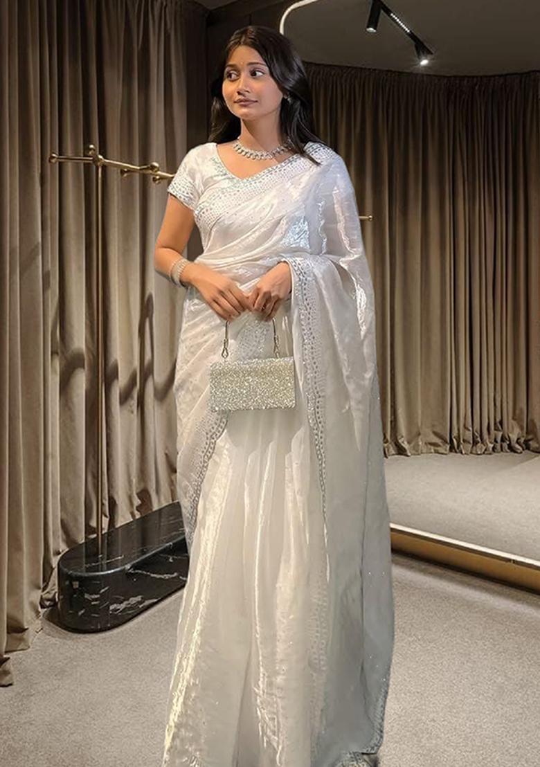 Sitarra White Printed Chinon Silk Saree Set