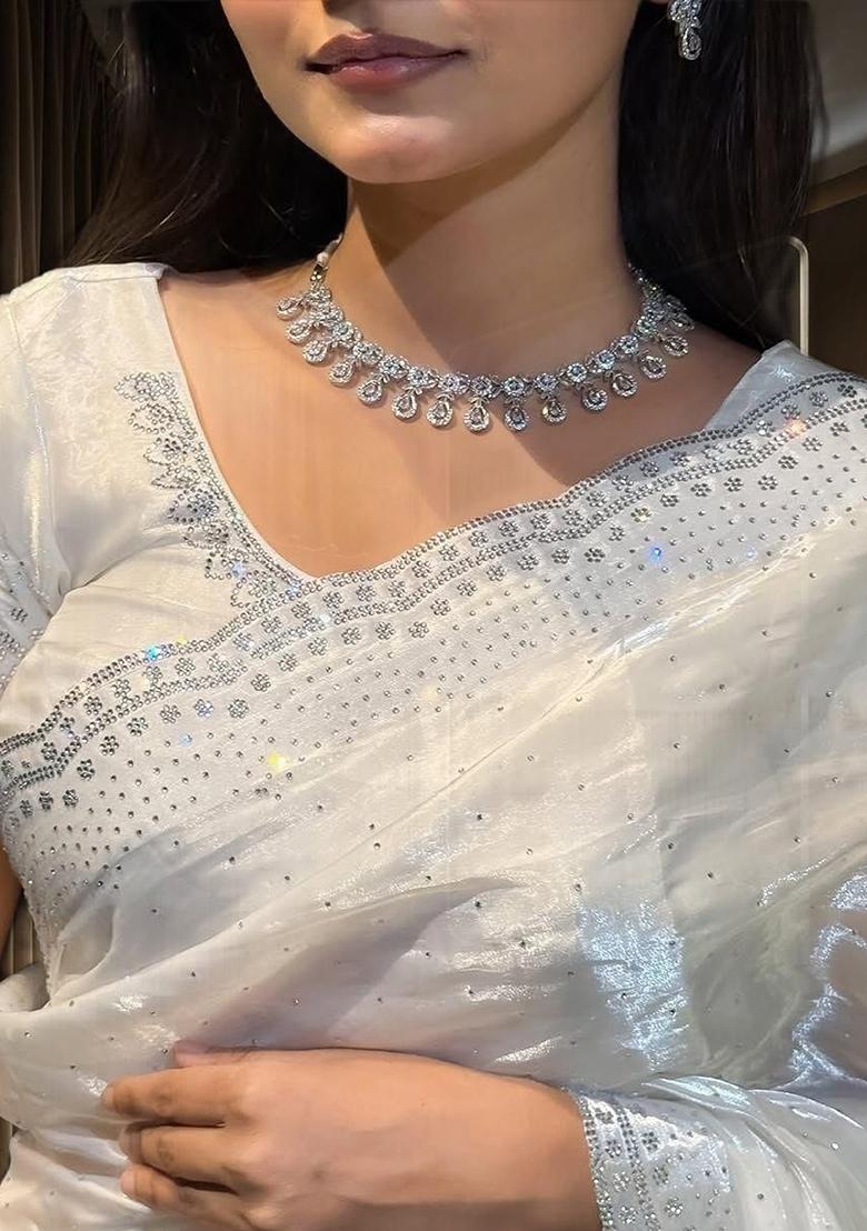 Sitarra White Printed Chinon Silk Saree Set