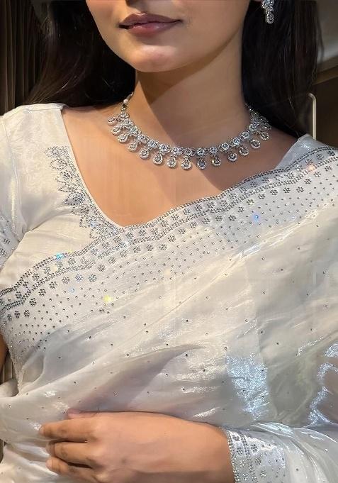 Sitarra White Printed Chinon Silk Saree Set