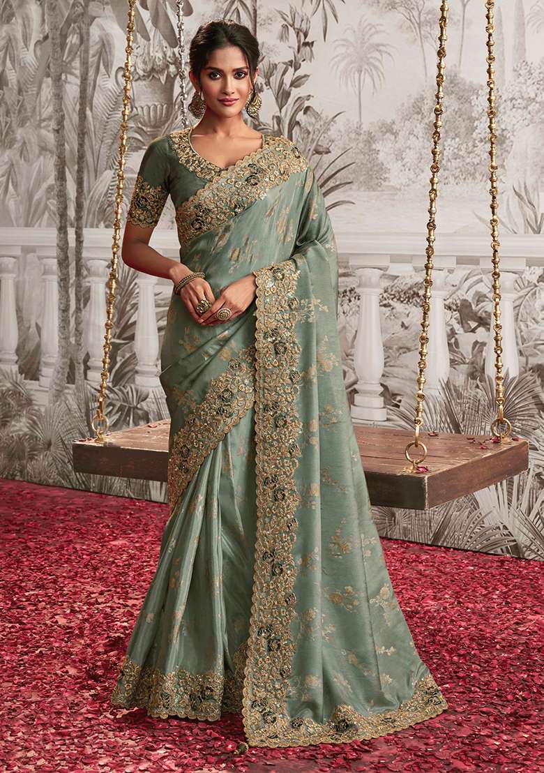 Pista Green Embroidery Motif Saree Set - Indya