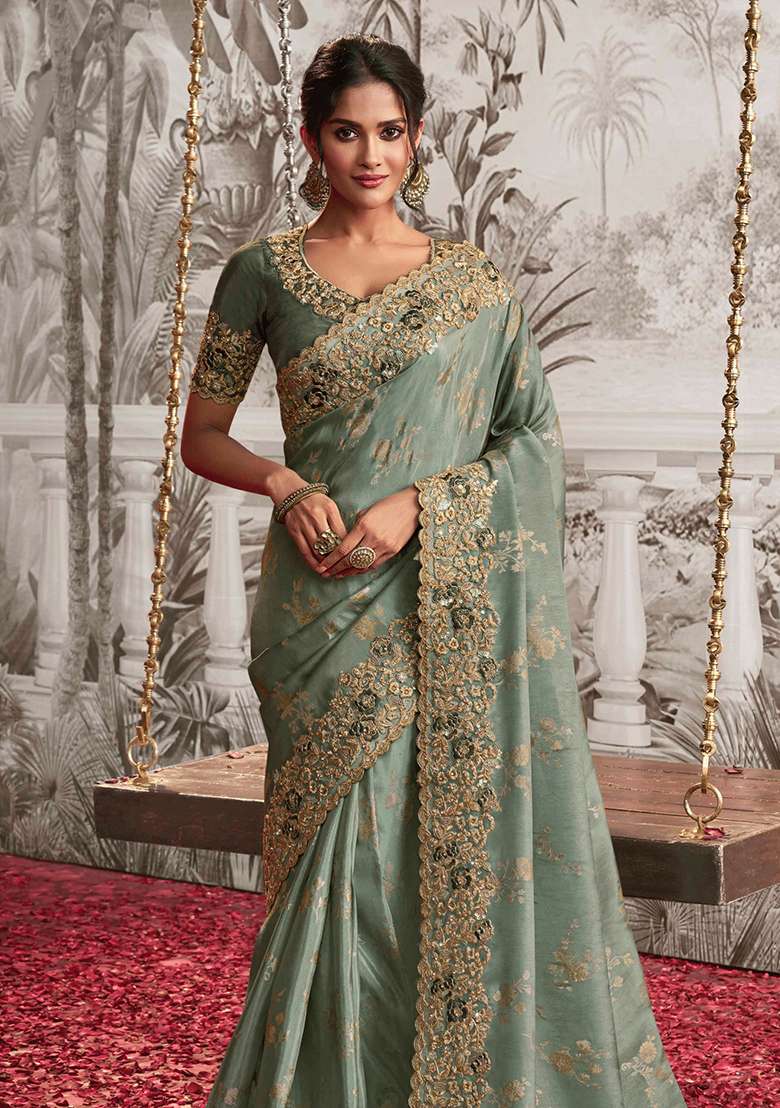 Pista Green Embroidery Motif Saree Set - Indya