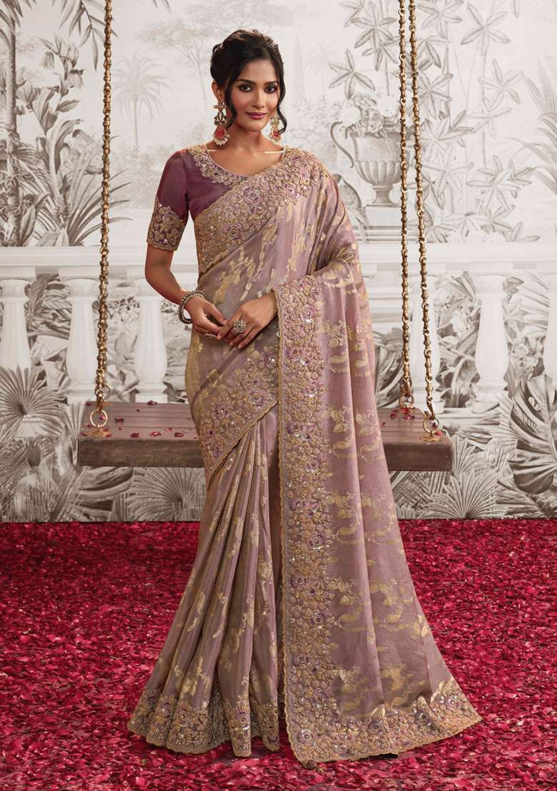 Wine Embroidery Motif Saree Set - Indya