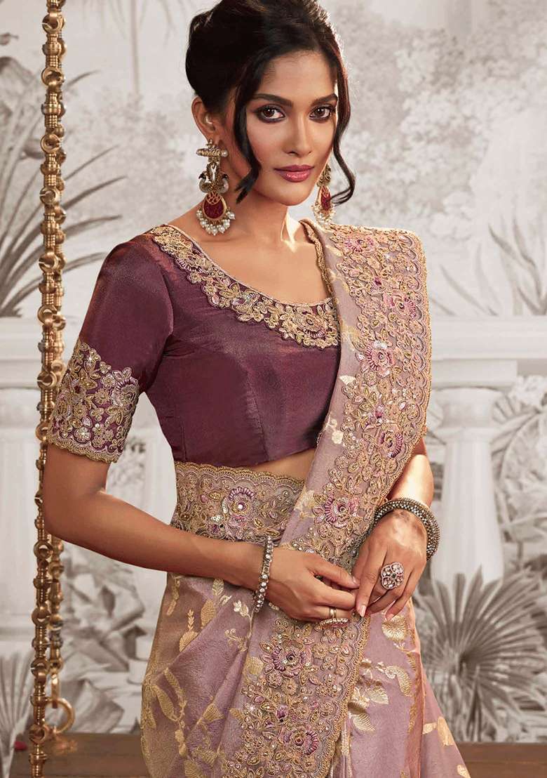 Wine Embroidery Motif Saree Set - Indya