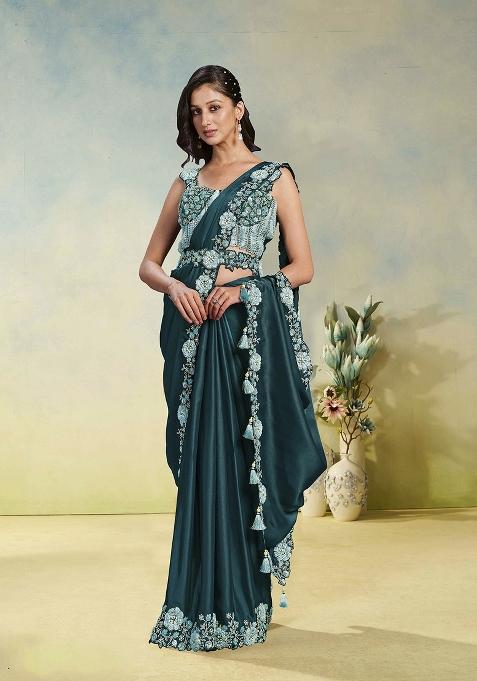 Sea Green Embroidery Silk Saree Set