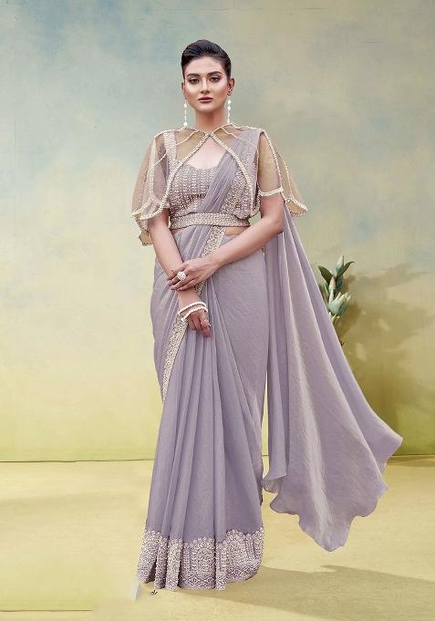 lavender Embroidery Silk Saree Set