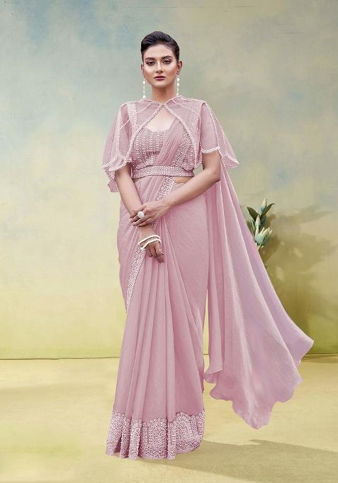 Pink Embroidery Silk Saree Set