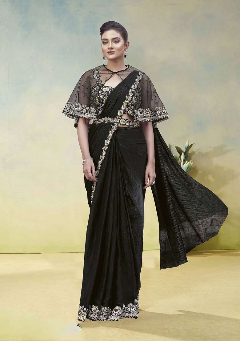 Black Embroidery Silk Saree Set - Indya