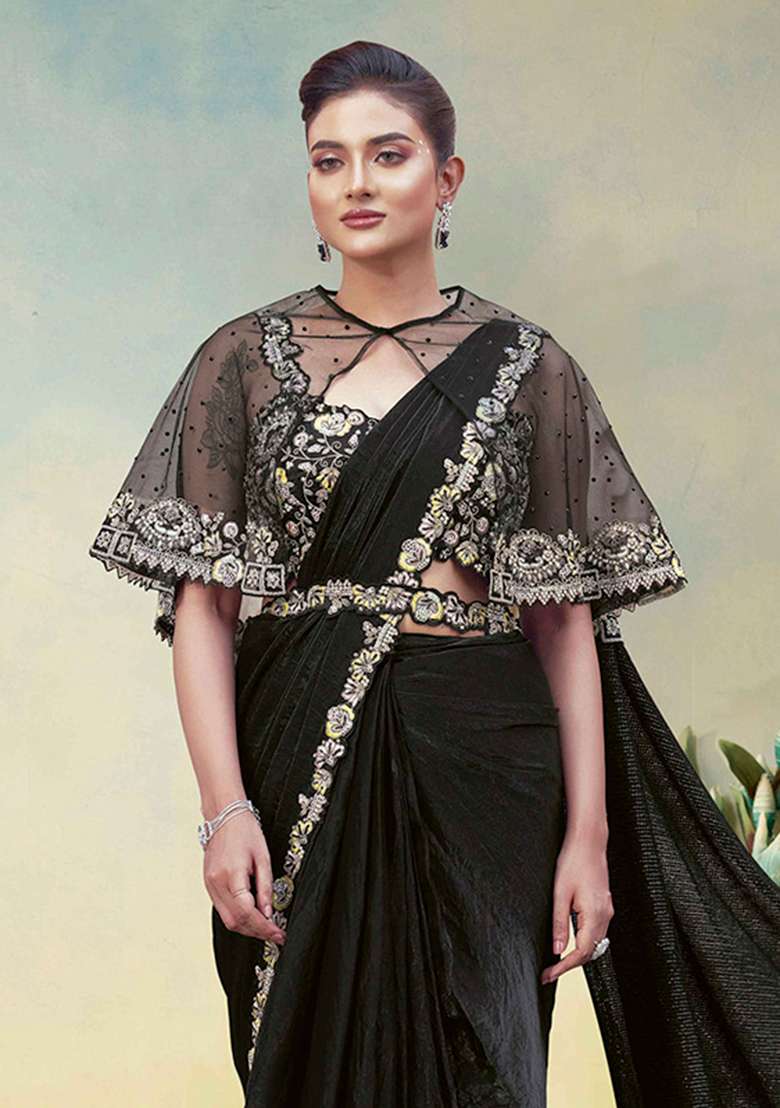 Black Embroidery Silk Saree Set - Indya