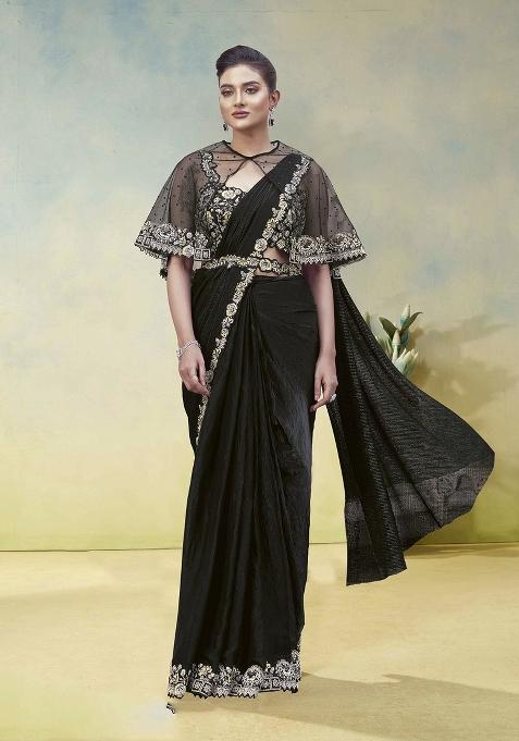 Black Embroidery Silk Saree Set