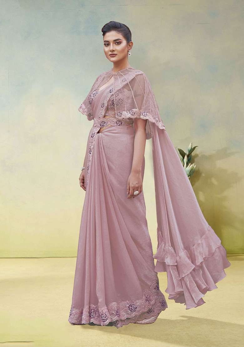 Pink Embroidery Silk Saree Set - Indya