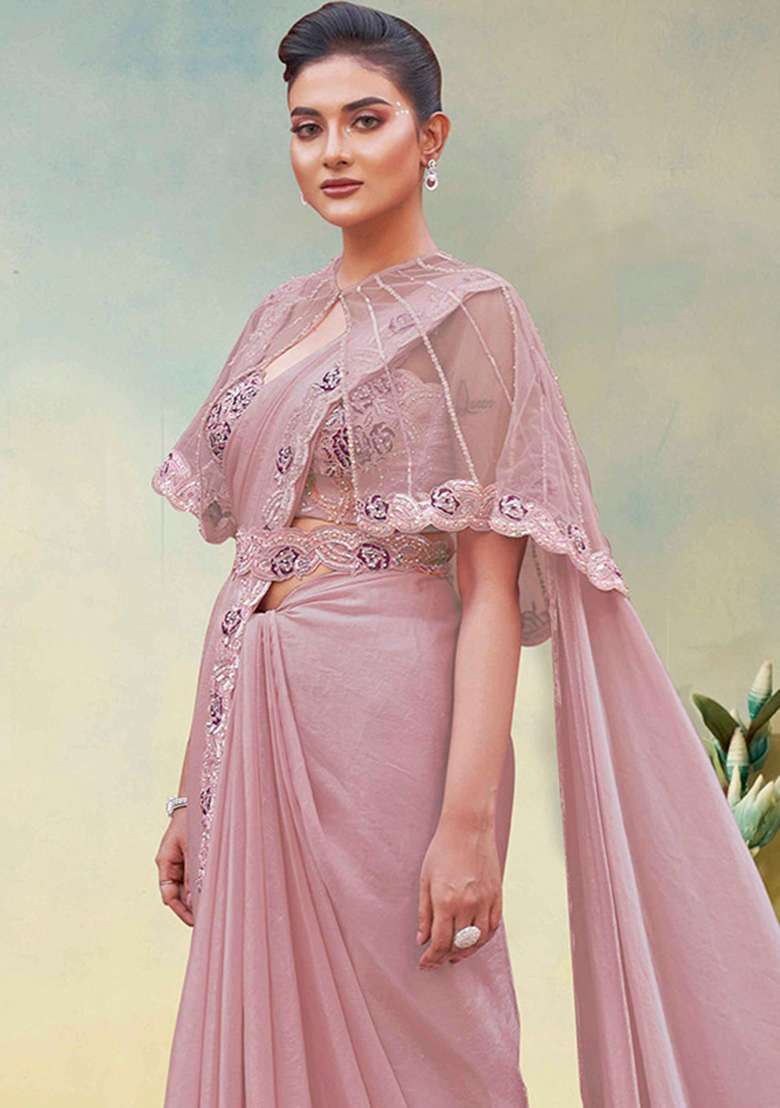 Pink Embroidery Silk Saree Set - Indya