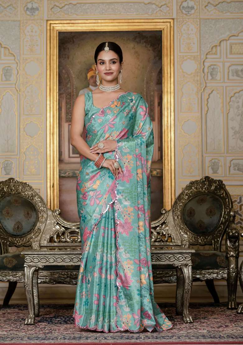 Sea Green Printed Chinon Saree Set - Indya