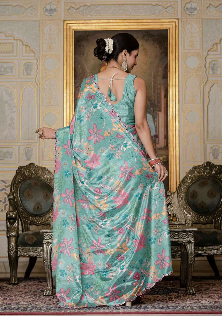 Sea Green Printed Chinon Saree Set - Indya