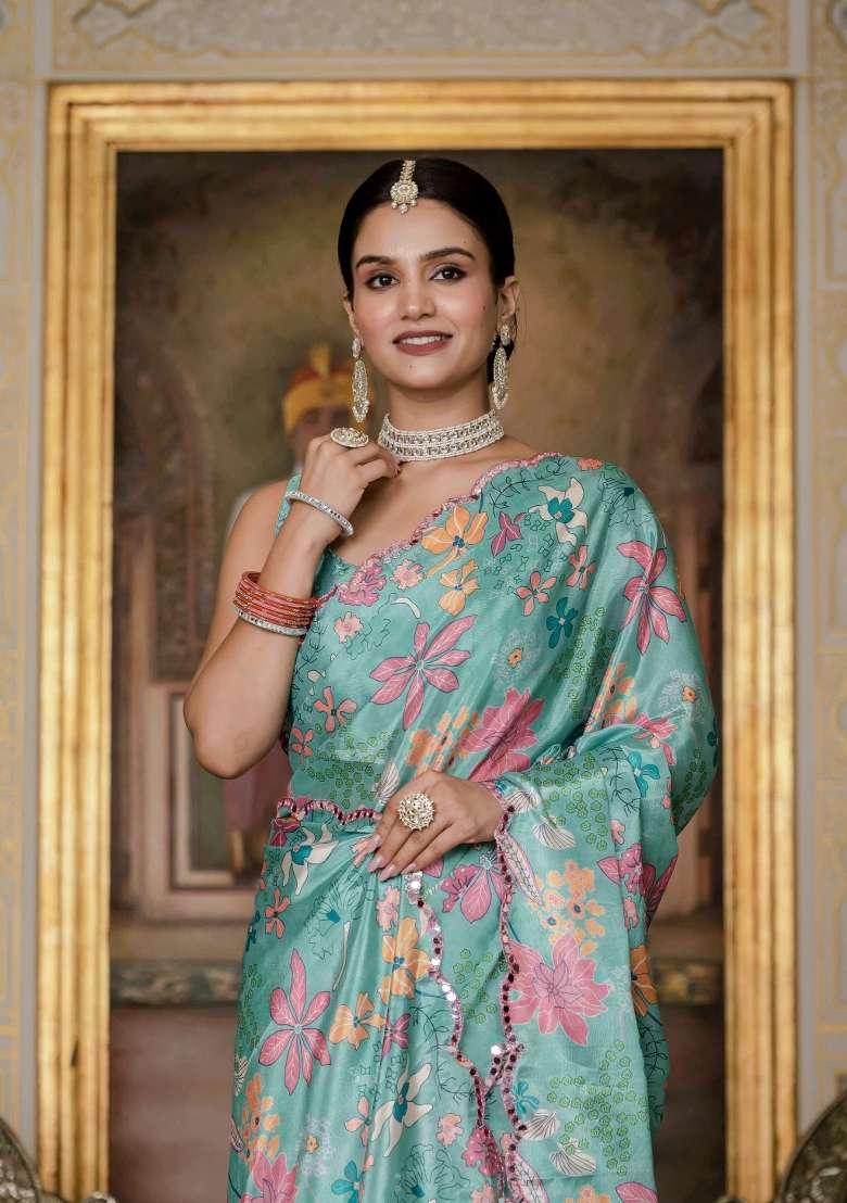 Sea Green Printed Chinon Saree Set - Indya