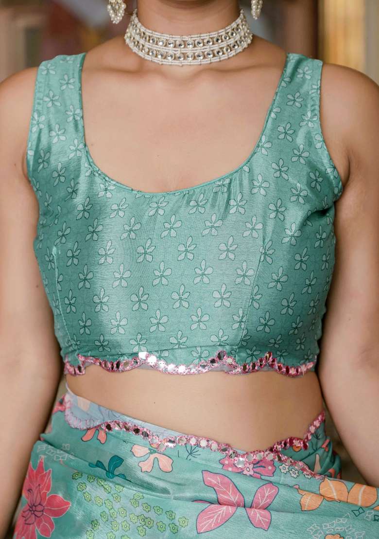 Sea Green Printed Chinon Saree Set - Indya